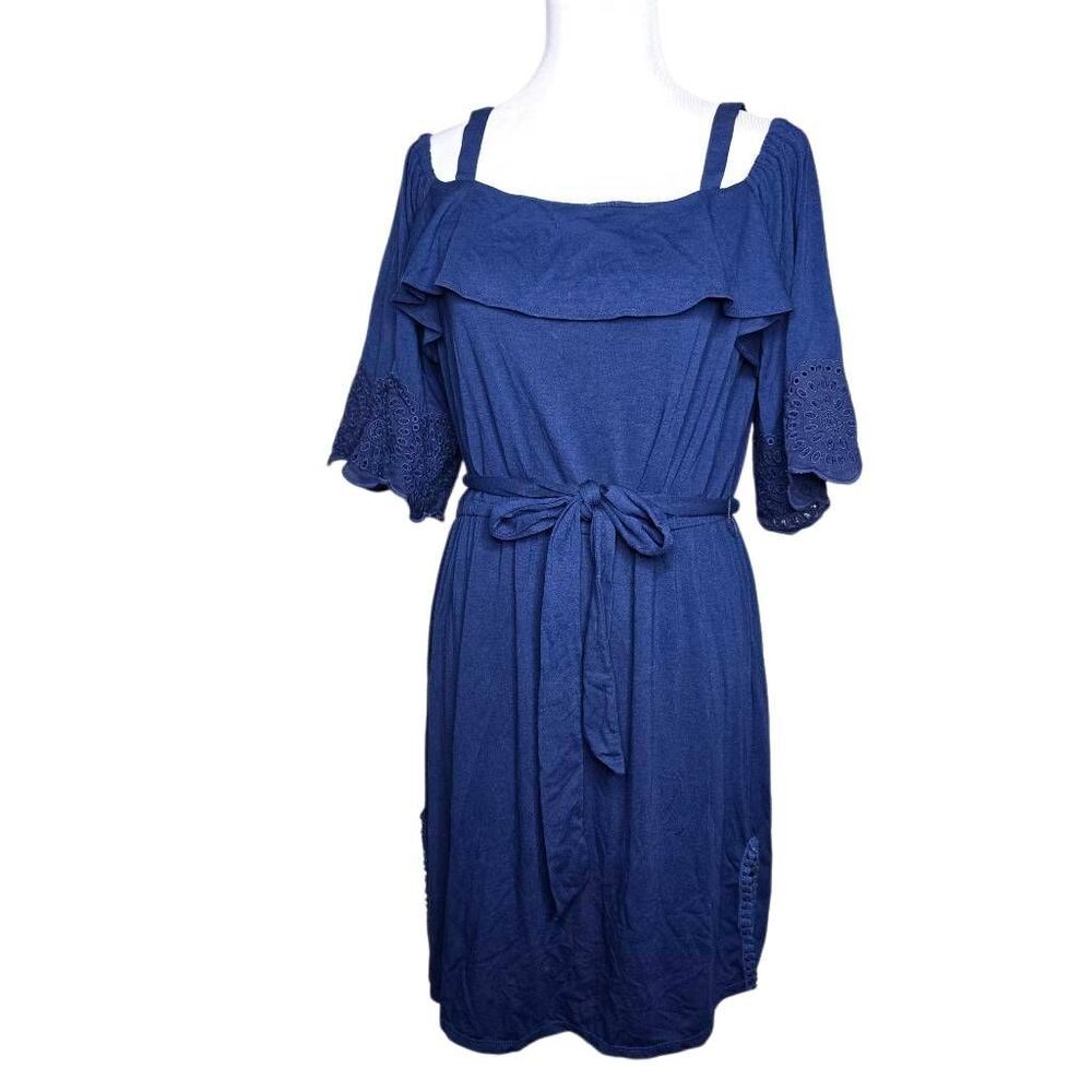Talbots Navy Blue Cold Shoulder Ruffle Knit Dress Eyelet Sleeve S
